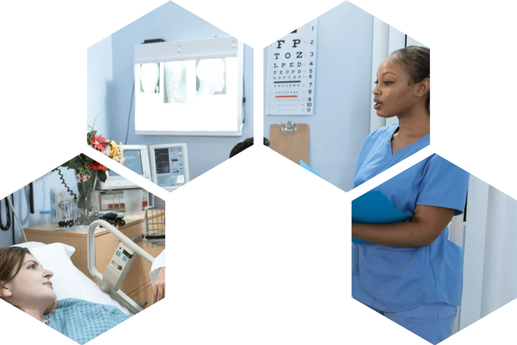 A nurse in uniform talking to a patient in bed